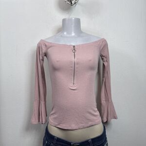(T2) GUESS Vintage Women's Off-the-Shoulder Zip-Up Blouse, Pink, Size S